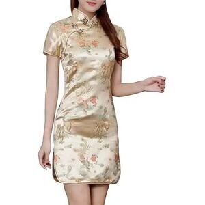 Cheongsam Dress for Women Qipao Slim Fit Short Sleeve Bodycon Mandarin Collar